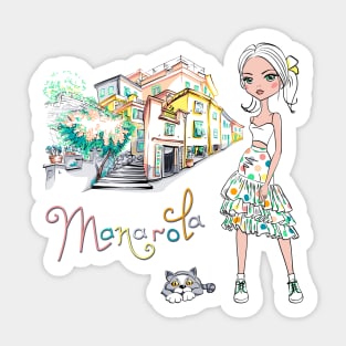 Fashionable girl and cute cat in Manarola Sticker